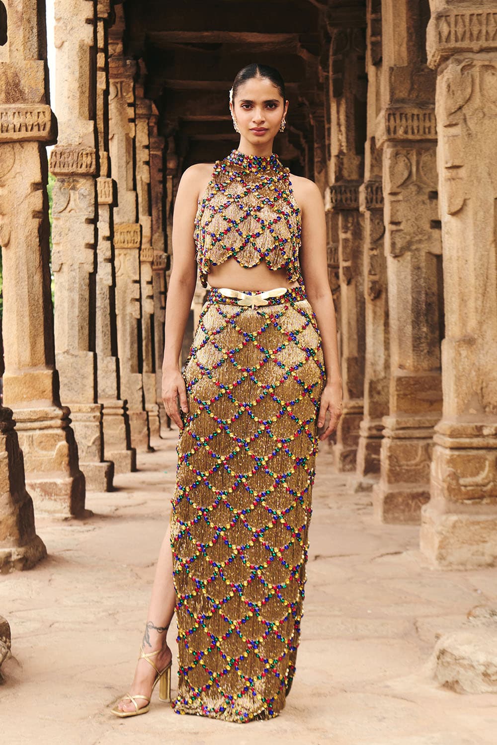 Kumu Gold Lattice Crop Top And Skirt — gallery 1