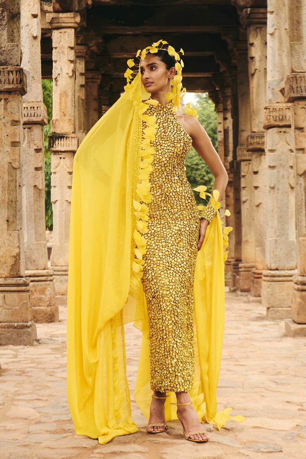 Sonee Yellow Stone Dress With Cape — gallery 1