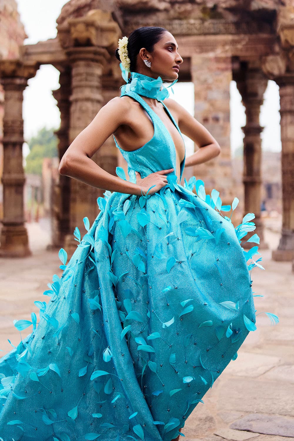 Varuna Turquoise Dress With Neck Collar — gallery 2