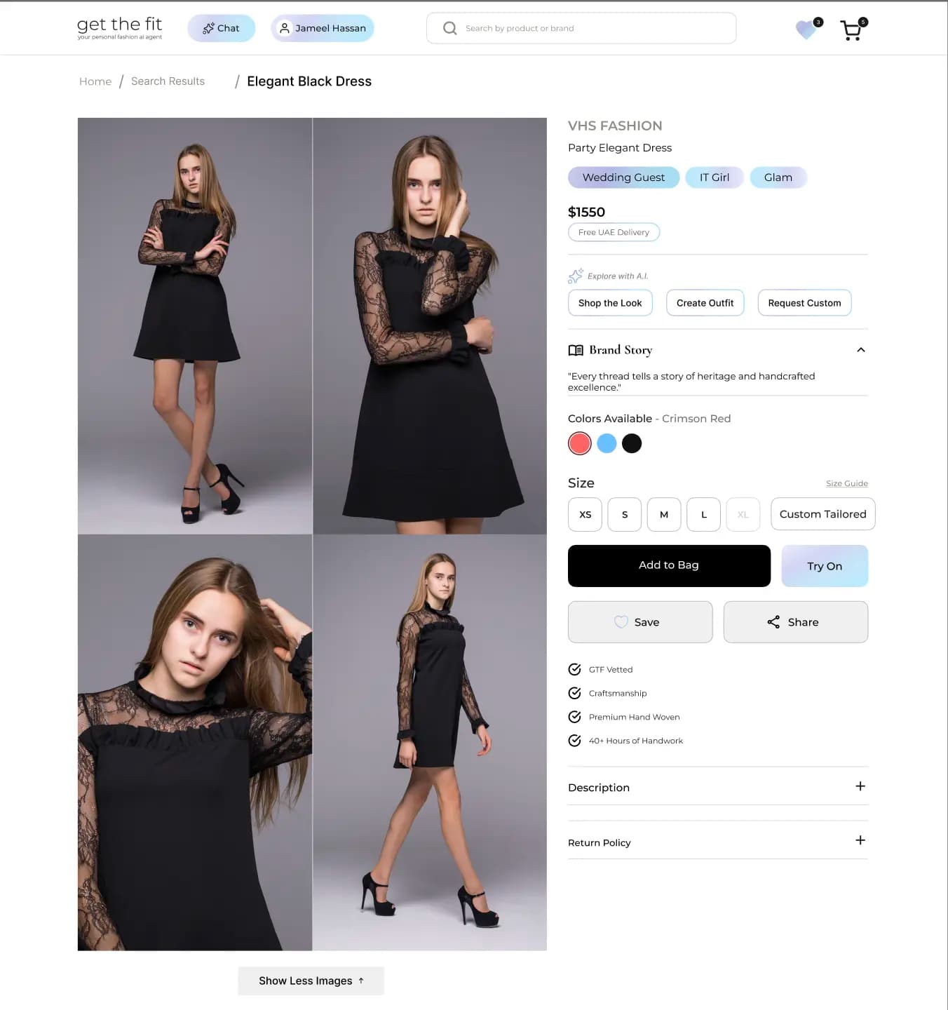 Product detail page with gallery, vibes, and add to bag
